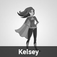 Illustration of a character wearing a superhero costume with a cape, standing confidently with hands on hips. There is a triangle symbol on the chest. The name "Kelsey" is displayed at the bottom.