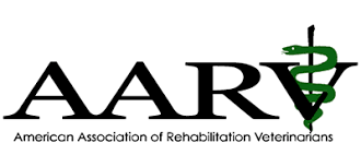 AARV logo, which stands for American Association of Rehabilitation Veterinarians. The logo includes the organization's acronym, AARV, in large black letters, and a green serpent entwined around a rod symbol on the right side. The full name is written underneath.