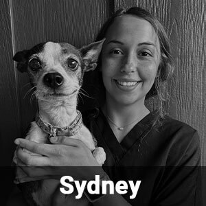 A woman identified as Sydney is smiling and holding a small dog. They are standing in front of a wooden wall. The image is in black and white, and Sydney is wearing a collared shirt. The dog has large, alert eyes and a calm expression.